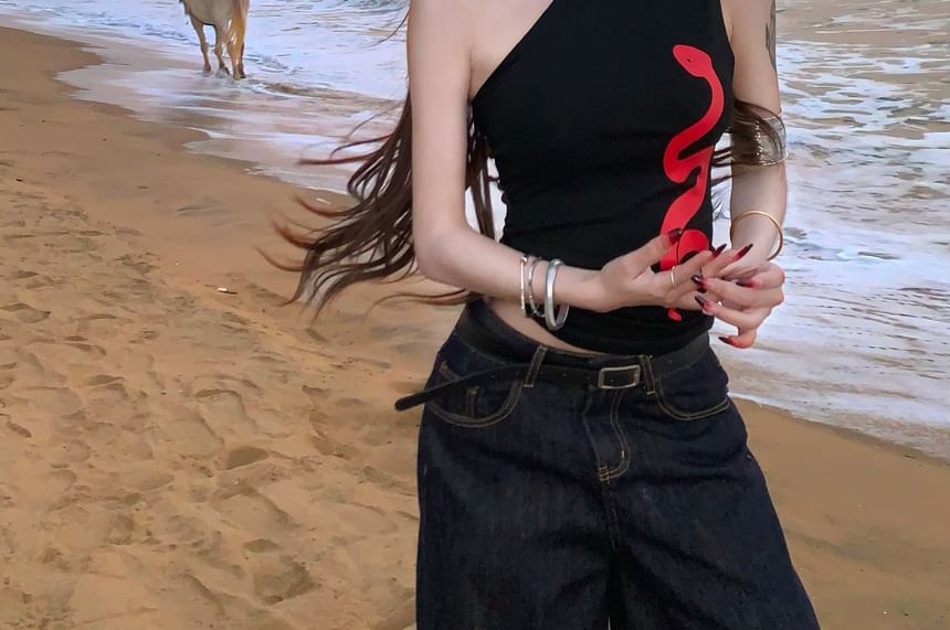 One-Shoulder Slim Halter Print Snake Top Fit Tank
