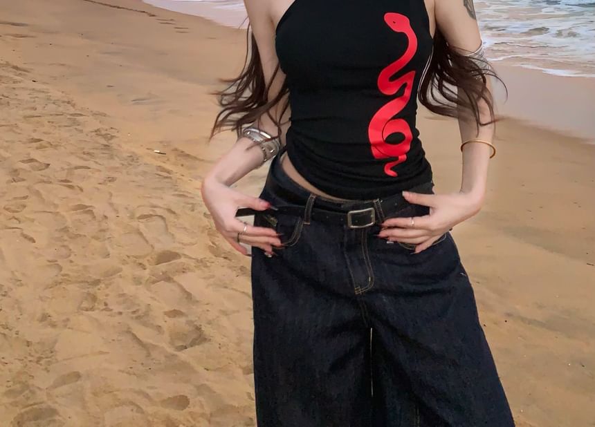 Print Halter Tank One-Shoulder Top Snake Slim Fit