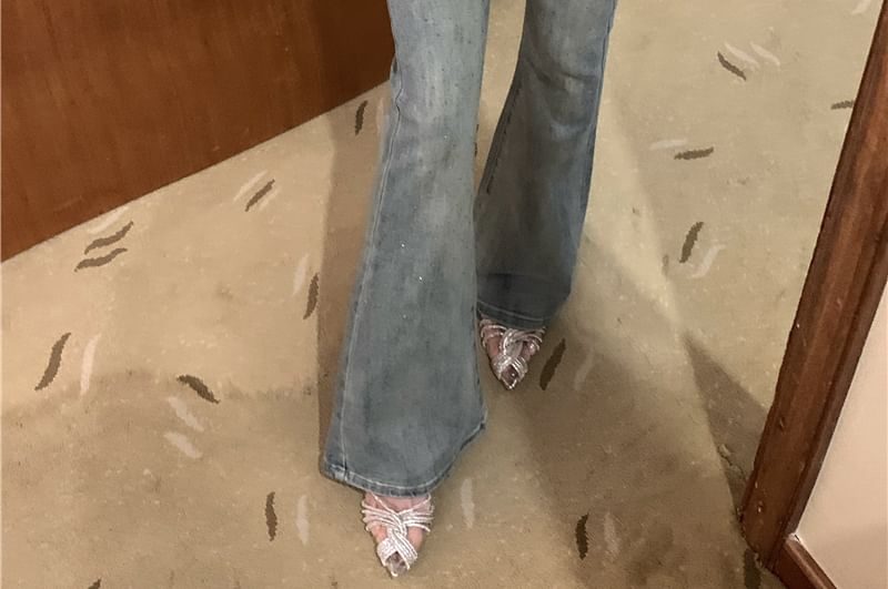 Trim Washed Bootcut Rise Rhinestone Mid Jeans
