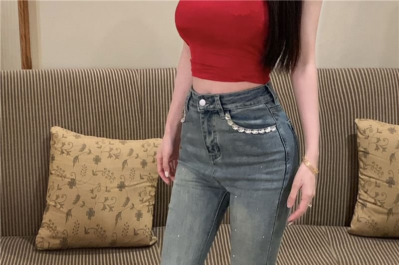 Trim Washed Bootcut Rise Rhinestone Mid Jeans