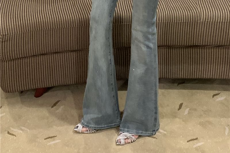 Trim Washed Bootcut Rise Rhinestone Mid Jeans