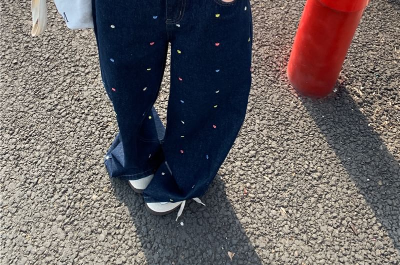 Leg Waist Jeans Wide High Floral Embroidered