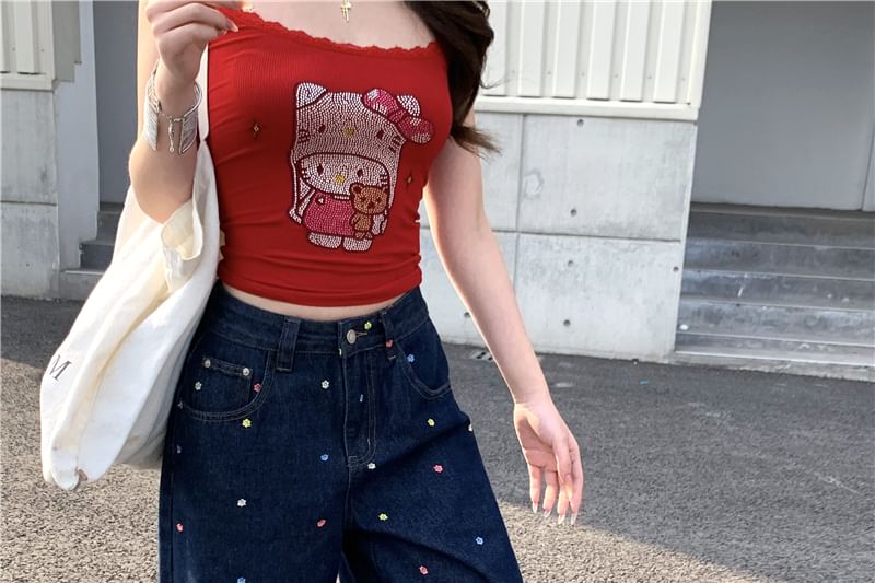 Leg Waist Jeans Wide High Floral Embroidered