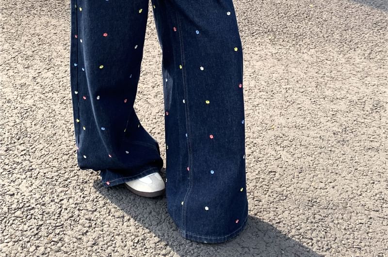 Leg Waist Jeans Wide High Floral Embroidered