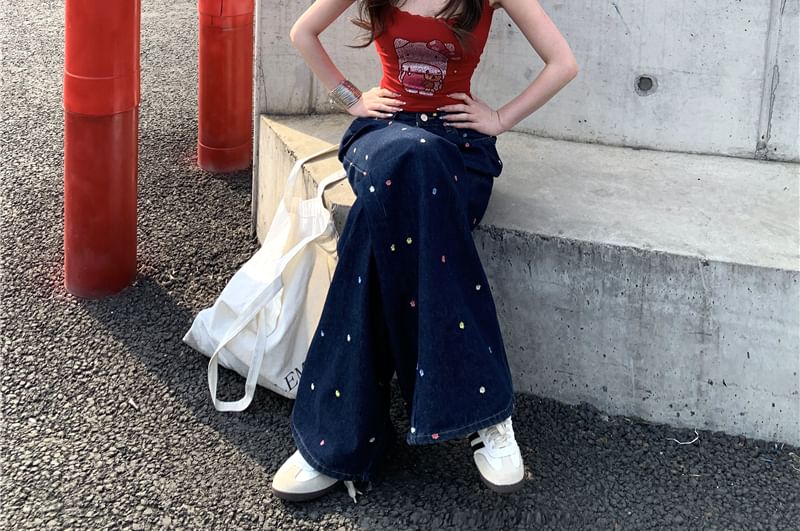 Leg Waist Jeans Wide High Floral Embroidered