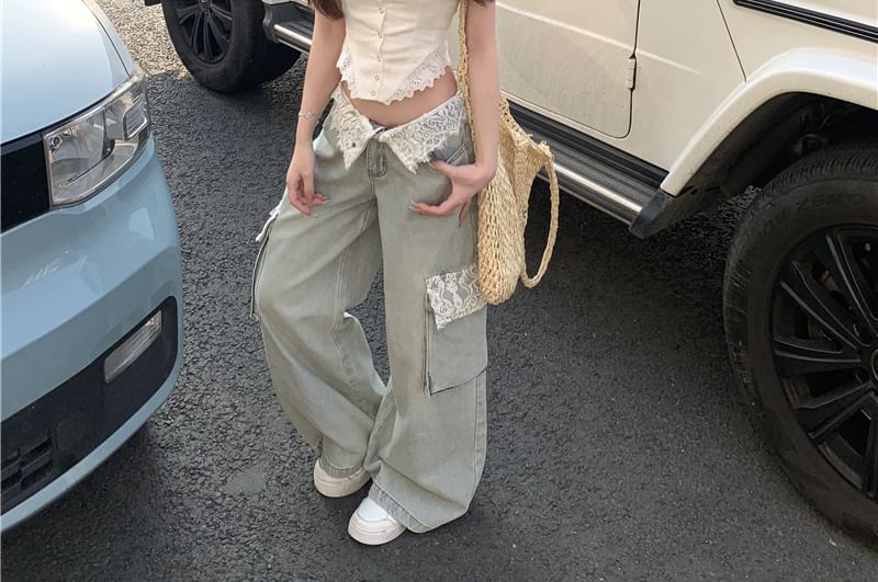 Leg Camisole Top Trim Wide Button-Up Crop Low Cargo Lace Panel Rise / Jeans Washed