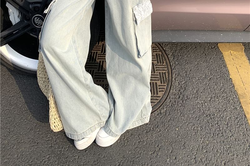 Leg Camisole Top Trim Wide Button-Up Crop Low Cargo Lace Panel Rise / Jeans Washed