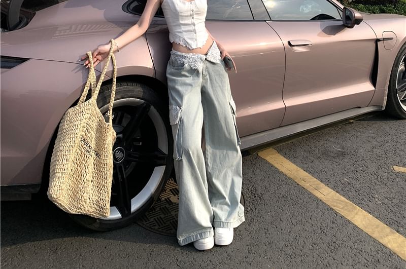 Leg Camisole Top Trim Wide Button-Up Crop Low Cargo Lace Panel Rise / Jeans Washed