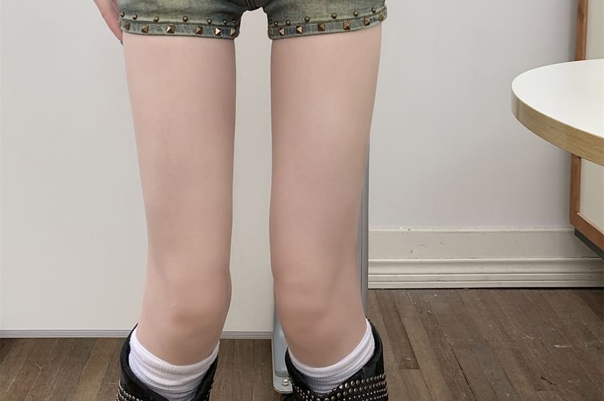 Studded Denim Shorts Washed Low Rise