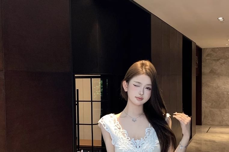 Maxi Mermaid Panel Sleeveless Lace V-Neck Dress