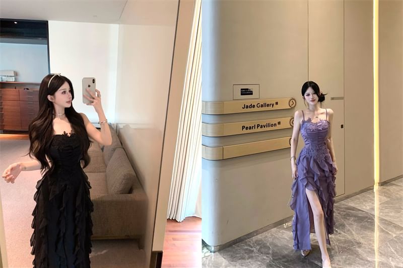 Ruffle Slit Ruched Panel A-Line Lace Dress Maxi Strap Plain Spaghetti