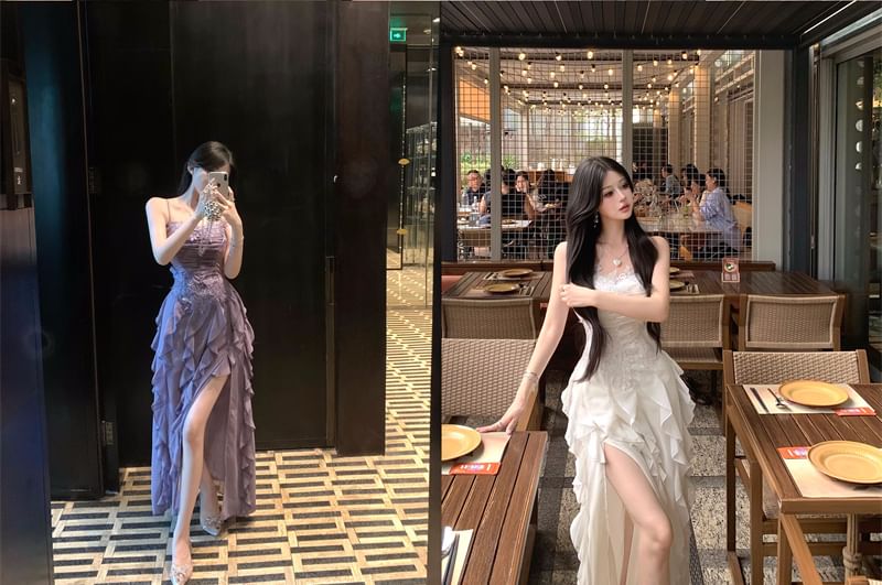 Ruffle Slit Ruched Panel A-Line Lace Dress Maxi Strap Plain Spaghetti