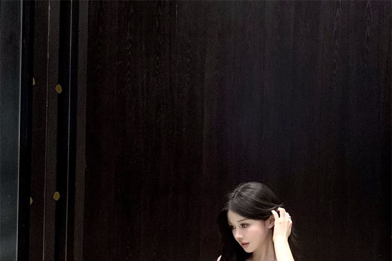 Ruffle Slit Ruched Panel A-Line Lace Dress Maxi Strap Plain Spaghetti