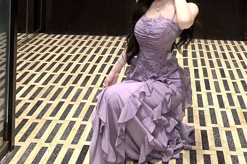 Ruffle Slit Ruched Panel A-Line Lace Dress Maxi Strap Plain Spaghetti