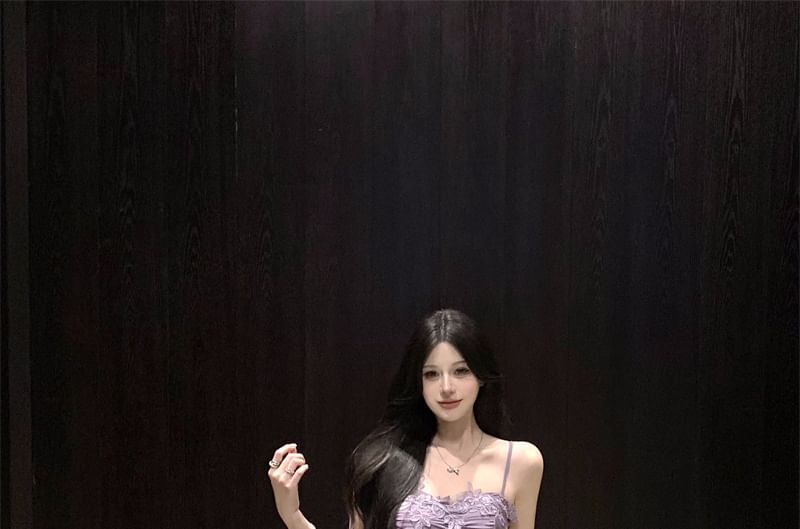 Ruffle Slit Ruched Panel A-Line Lace Dress Maxi Strap Plain Spaghetti