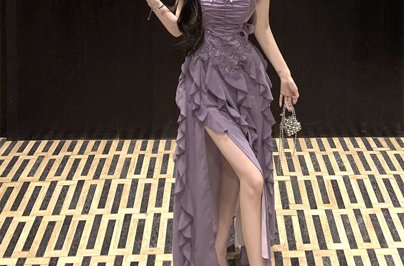 Ruffle Slit Ruched Panel A-Line Lace Dress Maxi Strap Plain Spaghetti