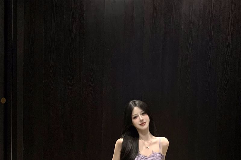 Ruffle Slit Ruched Panel A-Line Lace Dress Maxi Strap Plain Spaghetti