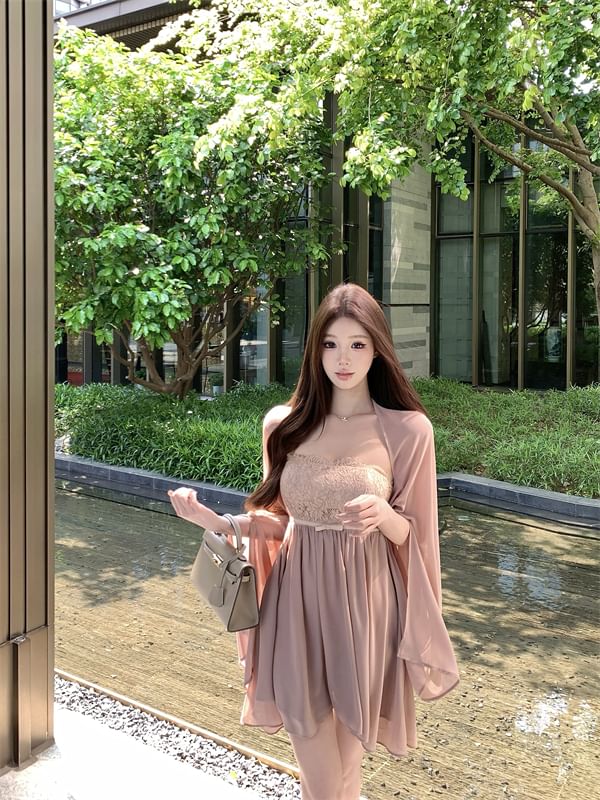 Bow Lace Accent A-Line Plain Shawl Dress Strapless Panel Mini /