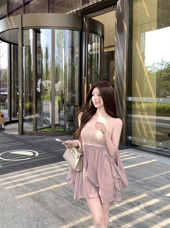 Bow Lace Accent A-Line Plain Shawl Dress Strapless Panel Mini /