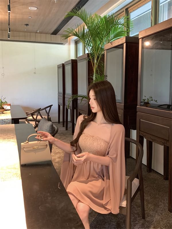 Bow Lace Accent A-Line Plain Shawl Dress Strapless Panel Mini /