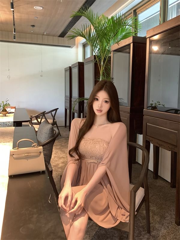 Bow Lace Accent A-Line Plain Shawl Dress Strapless Panel Mini /