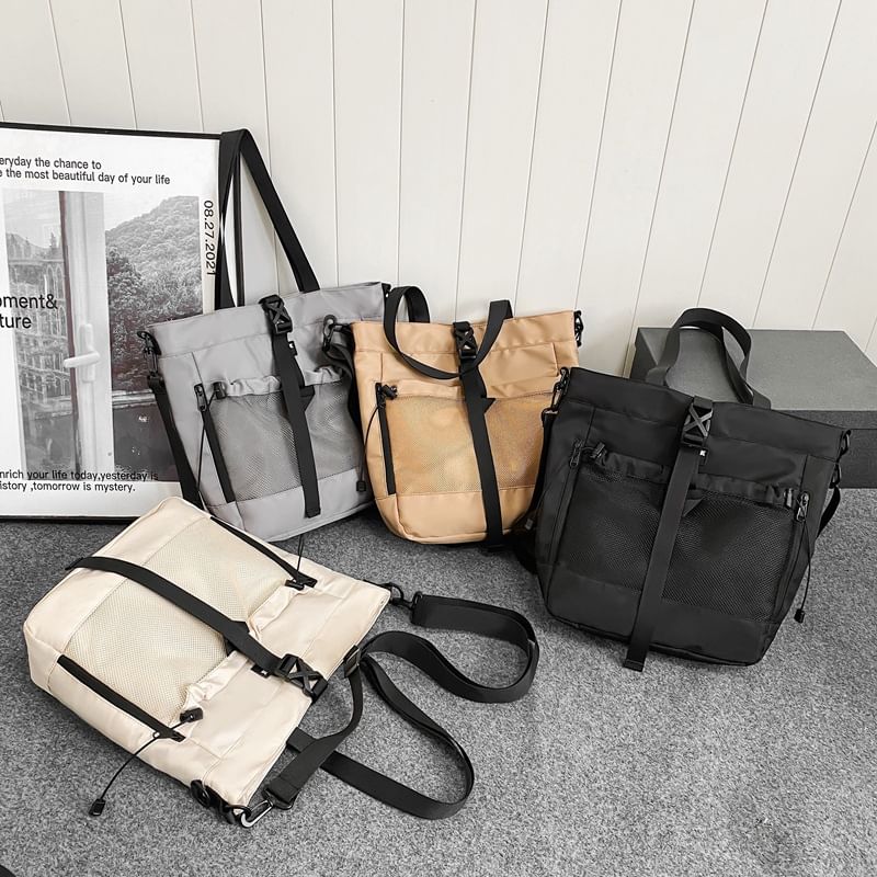 Nylon Mesh Panel Crossbody Bag Buckled