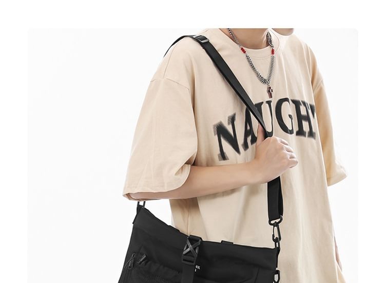 Nylon Mesh Panel Crossbody Bag Buckled