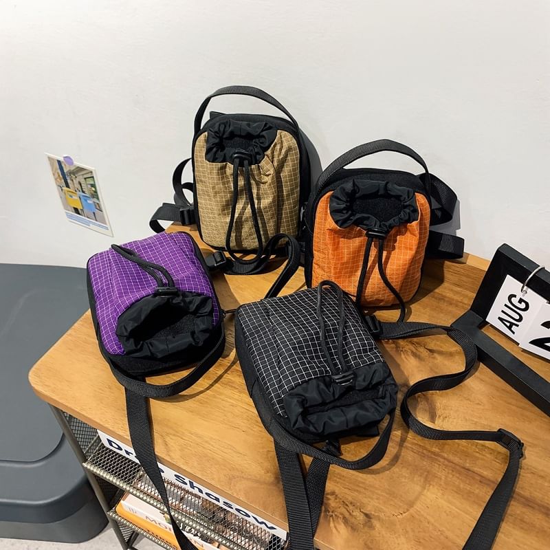 Phone Drawstring Plaid Crossbody Nylon Mobile Bag