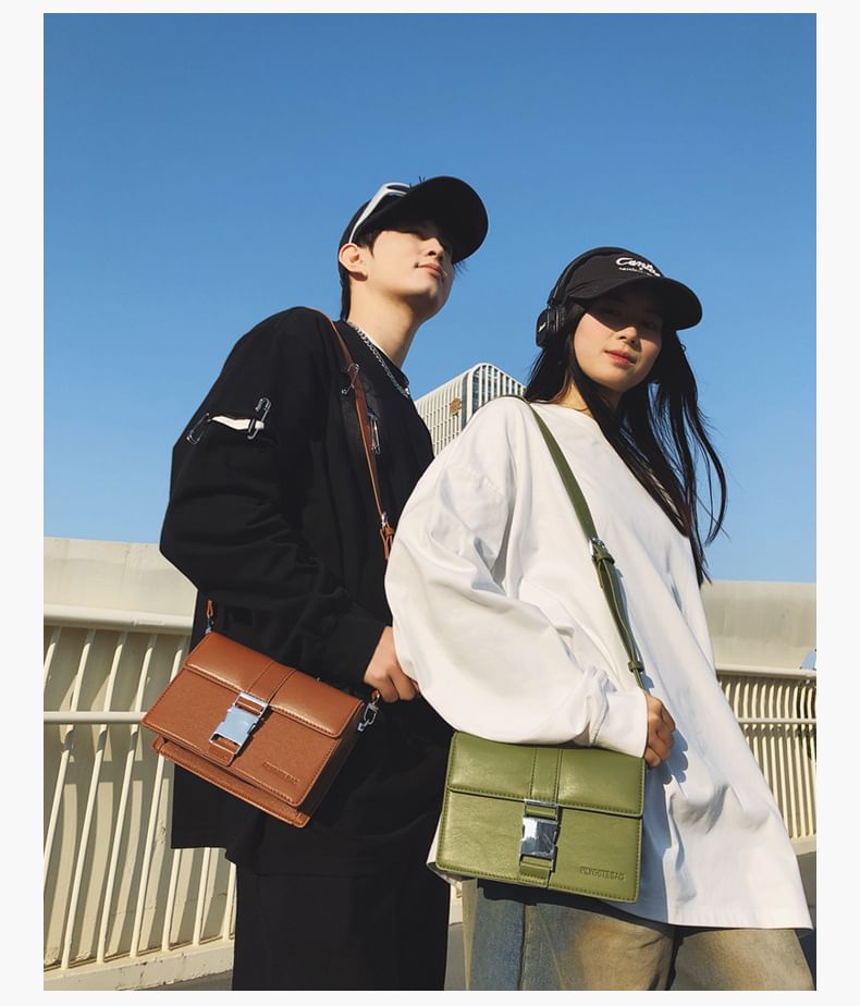 Leather Bag Flap Crossbody Buckled Plain Faux