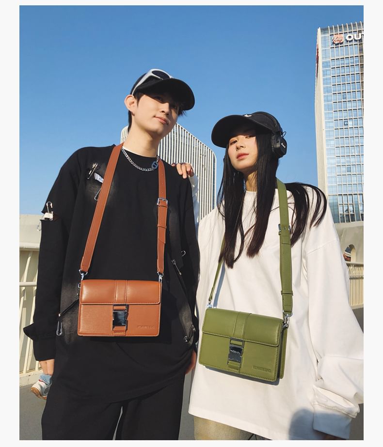Leather Bag Flap Crossbody Buckled Plain Faux