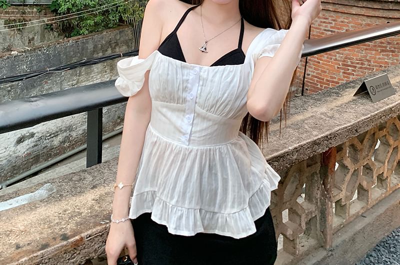 Top Puff-Sleeve Blouse Peplum Open / Bow Halter Back Plain