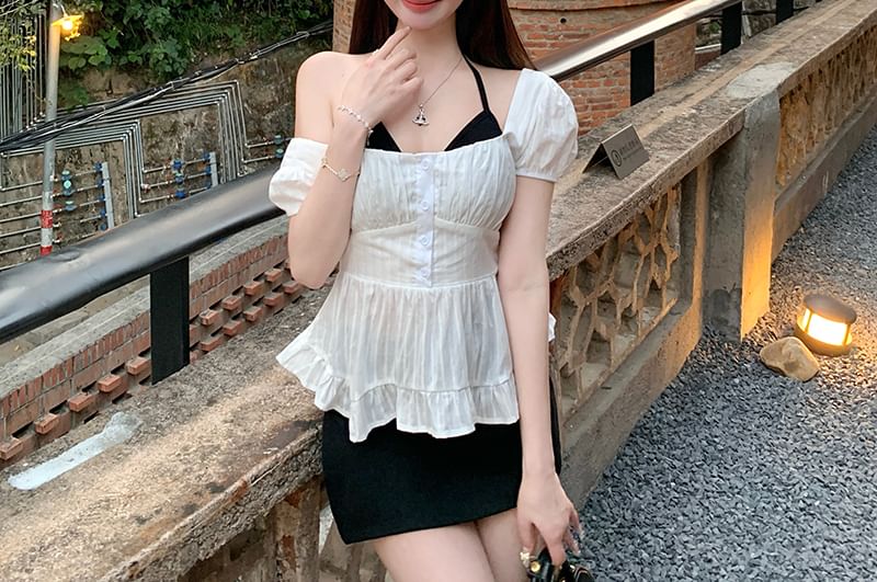 Top Puff-Sleeve Blouse Peplum Open / Bow Halter Back Plain