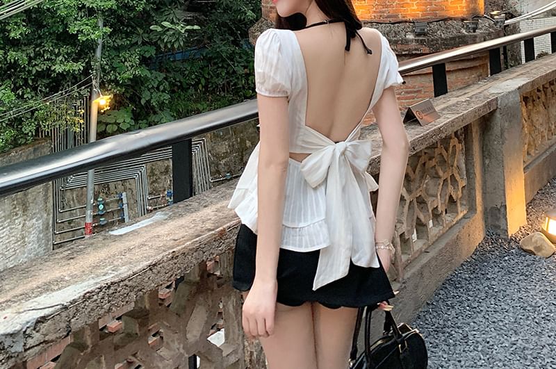 Top Puff-Sleeve Blouse Peplum Open / Bow Halter Back Plain