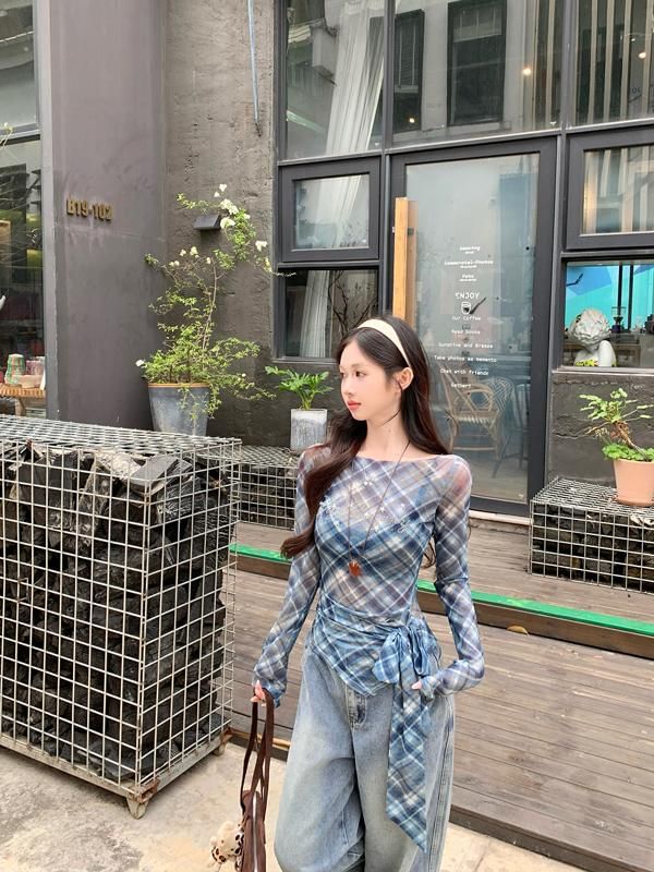 Sheer Neck Asymmetrical Plaid Boat Long-Sleeve T-Shirt