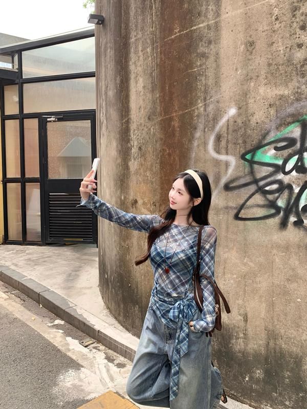 Sheer Neck Asymmetrical Plaid Boat Long-Sleeve T-Shirt