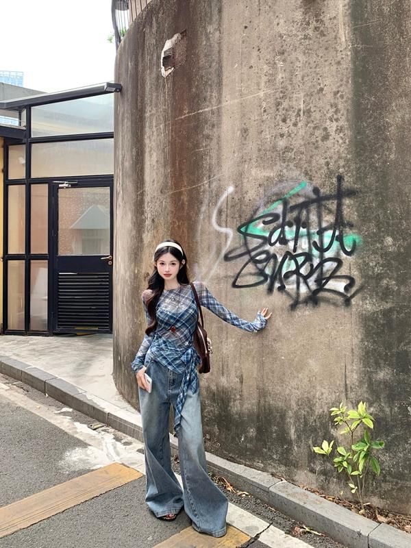 Sheer Neck Asymmetrical Plaid Boat Long-Sleeve T-Shirt