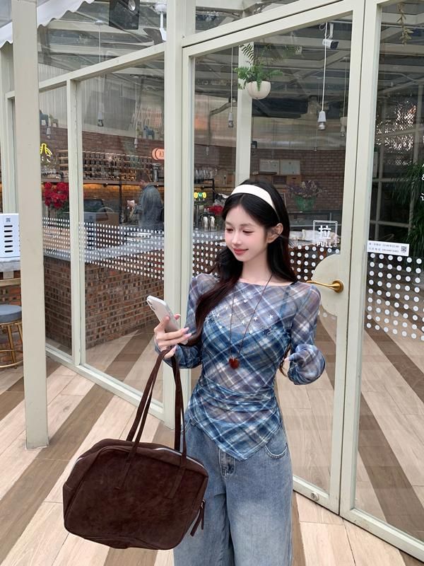 Sheer Neck Asymmetrical Plaid Boat Long-Sleeve T-Shirt