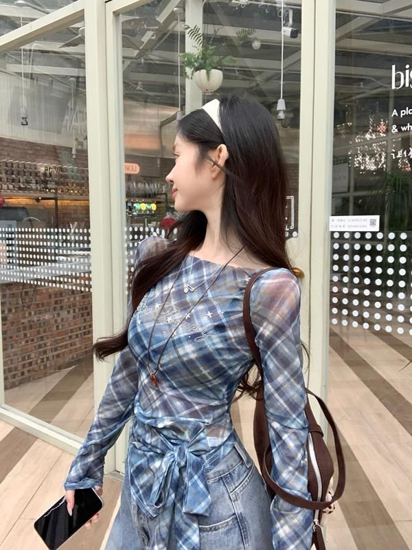 Sheer Neck Asymmetrical Plaid Boat Long-Sleeve T-Shirt