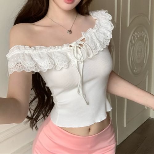Trim Cropped Off-Shoulder T-Shirt Short-Sleeve Lace Plain