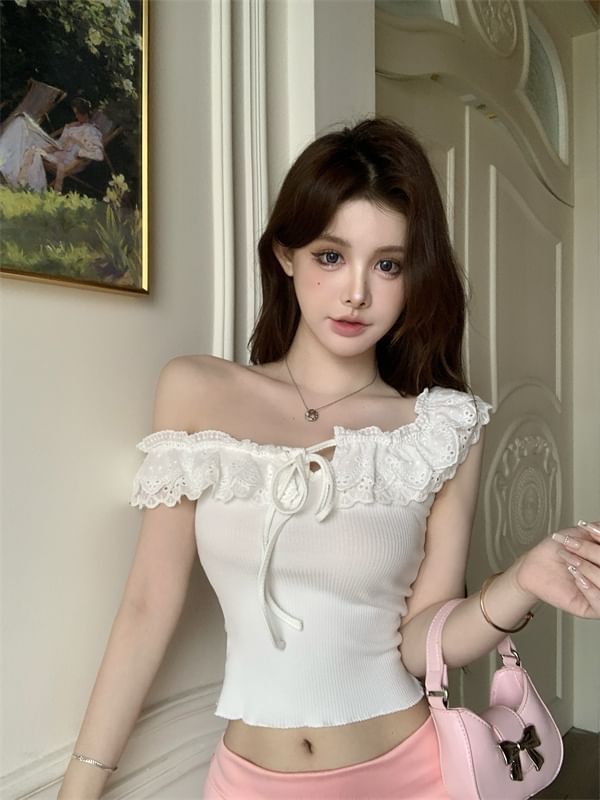 Trim Cropped Off-Shoulder T-Shirt Short-Sleeve Lace Plain
