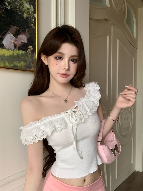 Trim Cropped Off-Shoulder T-Shirt Short-Sleeve Lace Plain