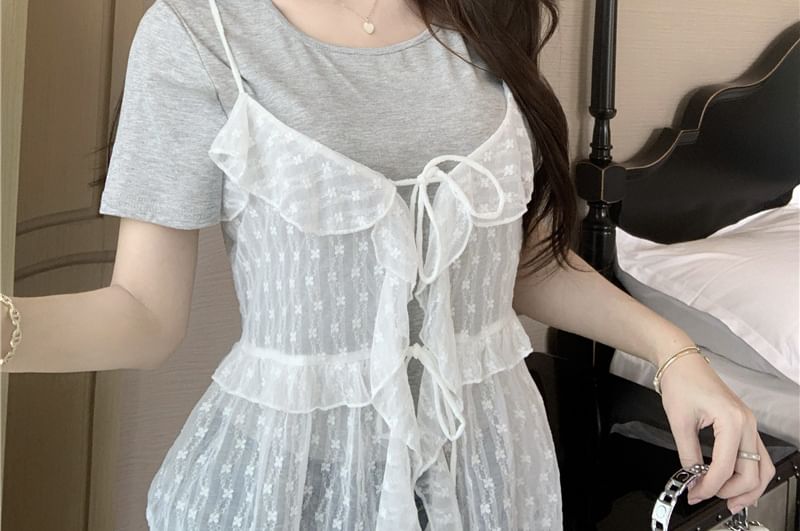 Neck Cami Sheer Plain Set: Tee Floral Short-Sleeve Ruffle Crew + Top