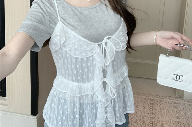 Neck Cami Sheer Plain Set: Tee Floral Short-Sleeve Ruffle Crew + Top