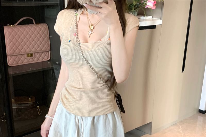 Plain Neck Scoop Beaded Sheer Short-Sleeve T-Shirt