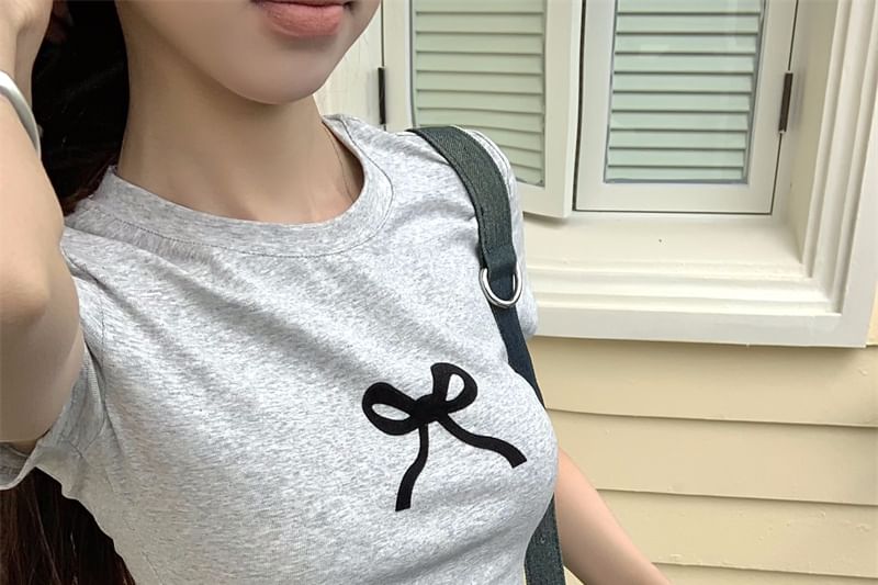 Round Print T-Shirt Neck Cropped Bow Short-Sleeve