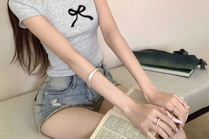 Round Print T-Shirt Neck Cropped Bow Short-Sleeve
