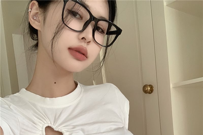 Neck Plain Crew Short-Sleeve T-Shirt Cutout Cropped