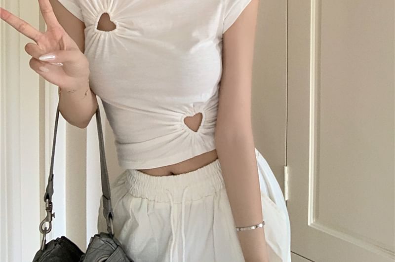 Neck Plain Crew Short-Sleeve T-Shirt Cutout Cropped