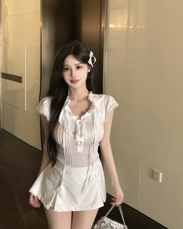 Lace Ruffle Plain Cap-Sleeve Trim T-Shirt