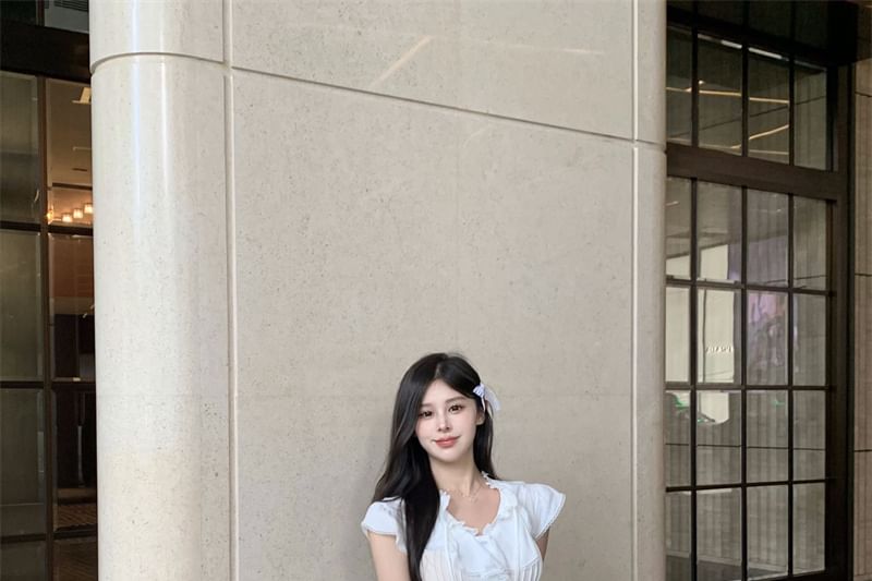 Lace Ruffle Plain Cap-Sleeve Trim T-Shirt